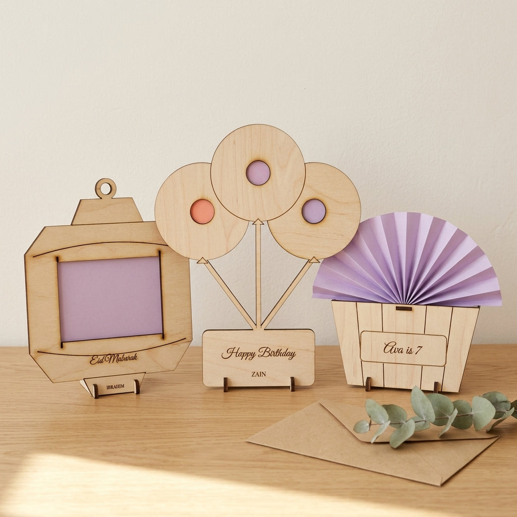 Personalised wooden money holders in engraved birch: lantern, balloon bunch and cupcake designs