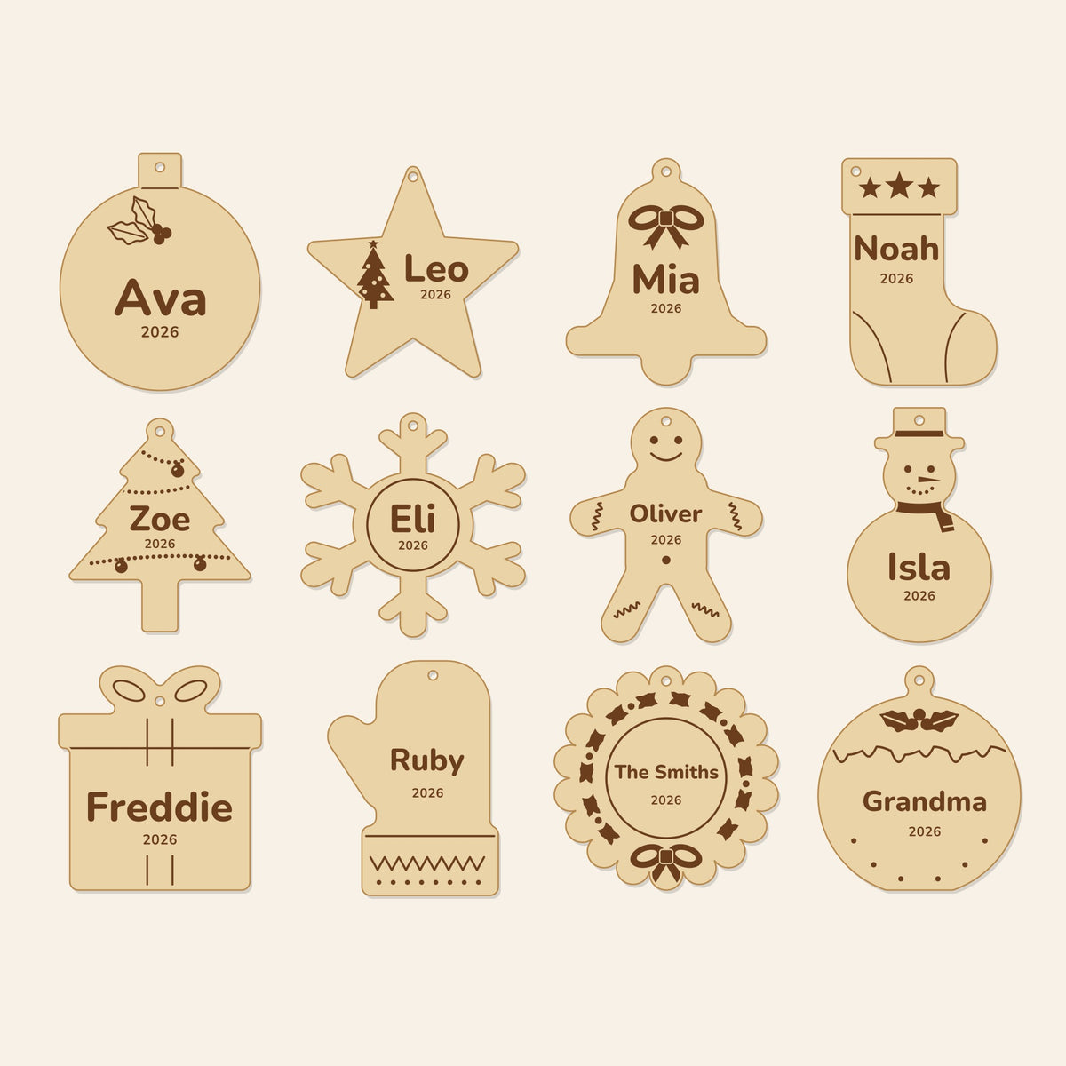 All 12 personalised wooden Christmas ornament designs engraved with names