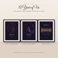 Year of Us personalised couples gift: star map, location map and soundwave prints framed on a shelf