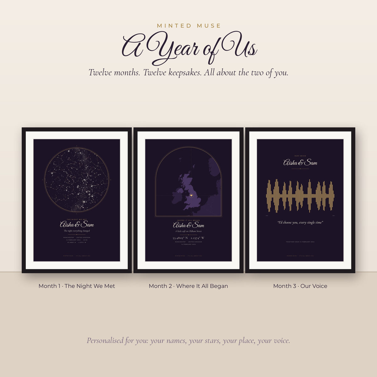 Year of Us personalised couples gift: star map, location map and soundwave prints framed on a shelf