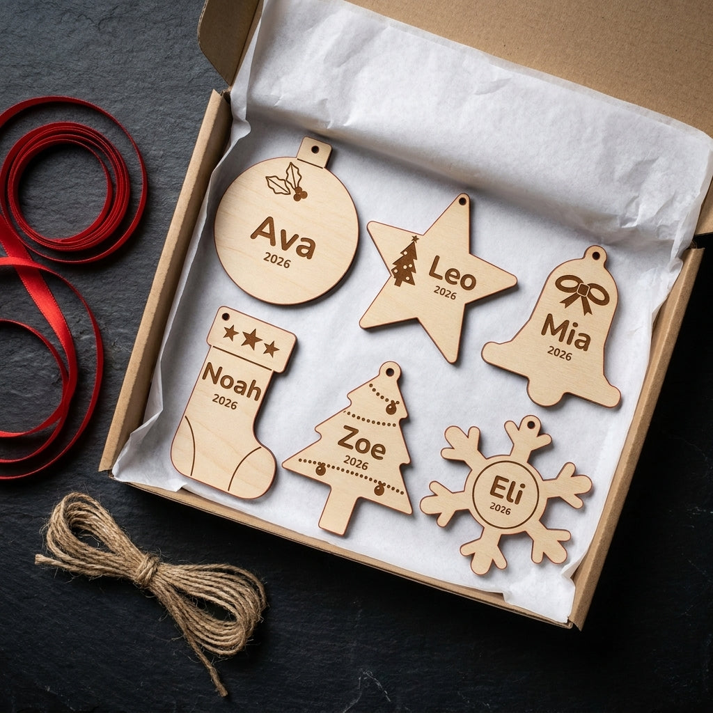 Six personalised wooden ornaments in a kraft gift box