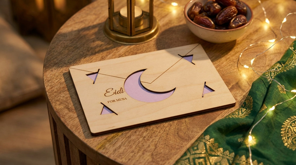 Engraved birch Eidi envelope money holder with crescent moon window