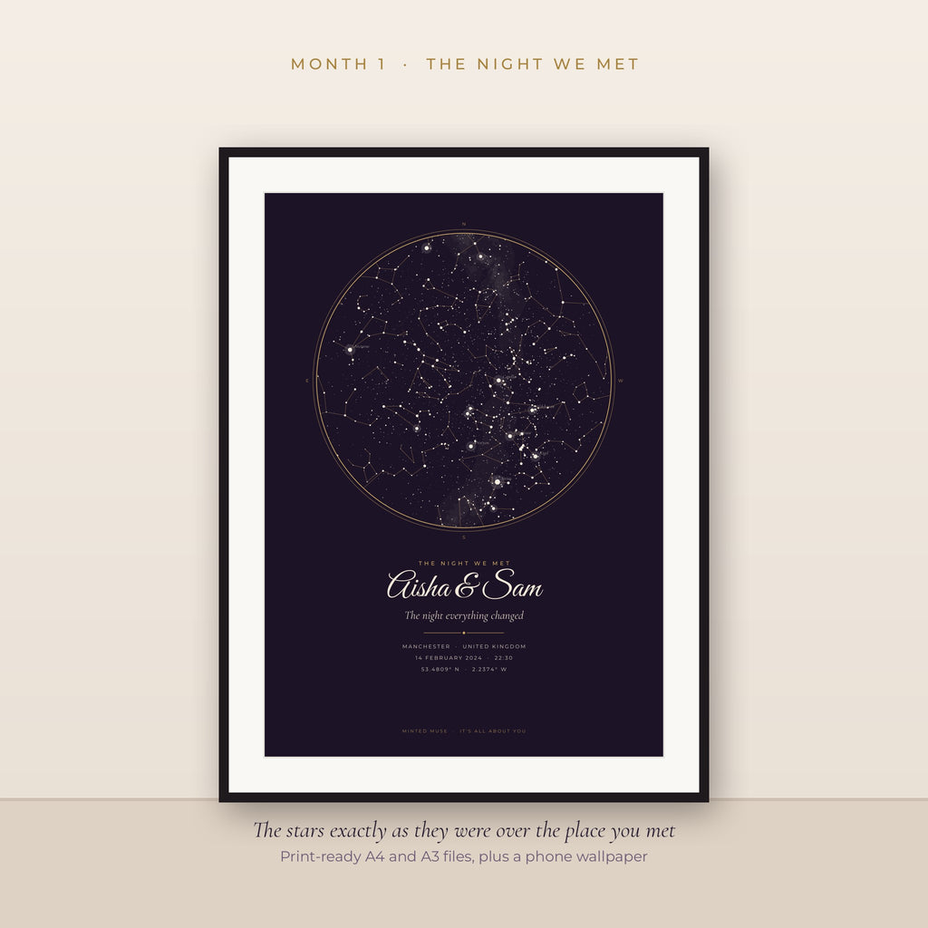 Month 1, The Night We Met: personalised star map of the sky where the couple met, framed