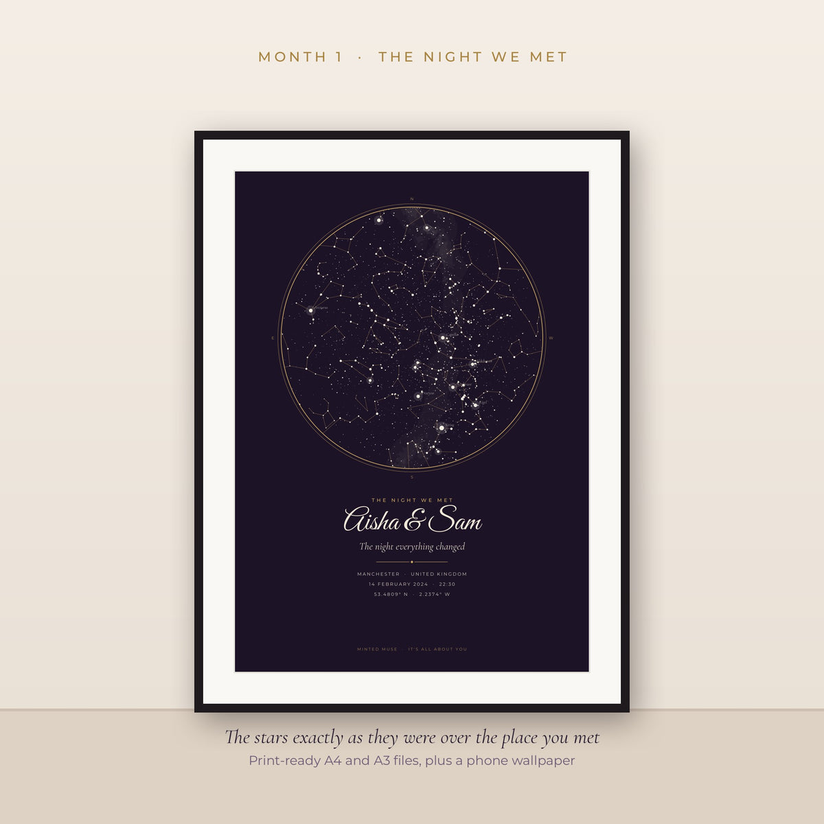 Month 1, The Night We Met: personalised star map of the sky where the couple met, framed