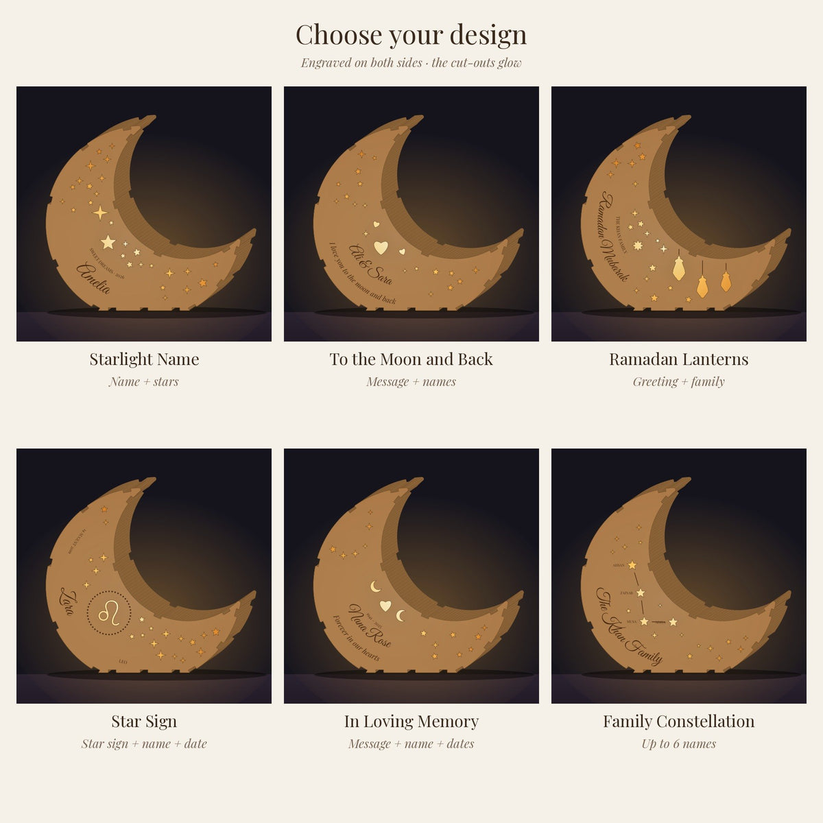 The six moon lantern designs: Starlight Name, To the Moon and Back, Ramadan Lanterns, Star Sign, In Loving Memory, Family Constellation