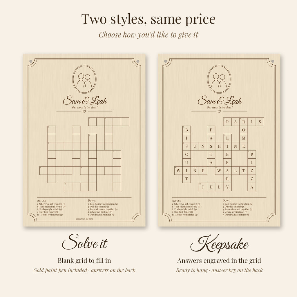 Solve it blank grid next to the Keepsake with answers engraved, same price