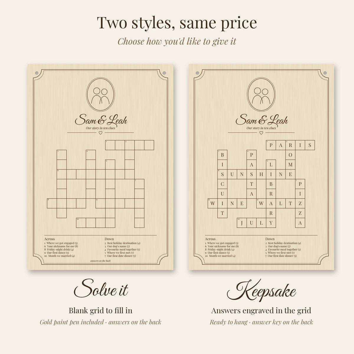 Solve it blank grid next to the Keepsake with answers engraved, same price