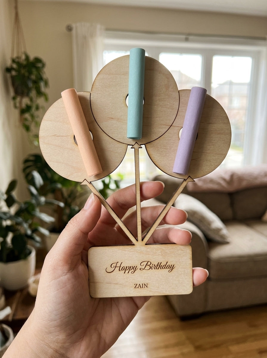 Personalised birthday balloon money holder with rolled notes, held in the hand