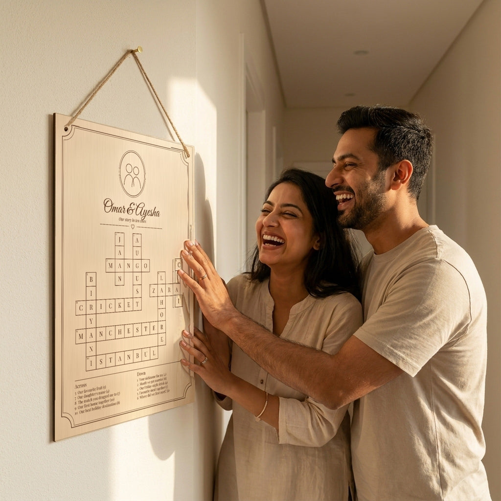 Couple hanging their engraved anniversary crossword in the hallway