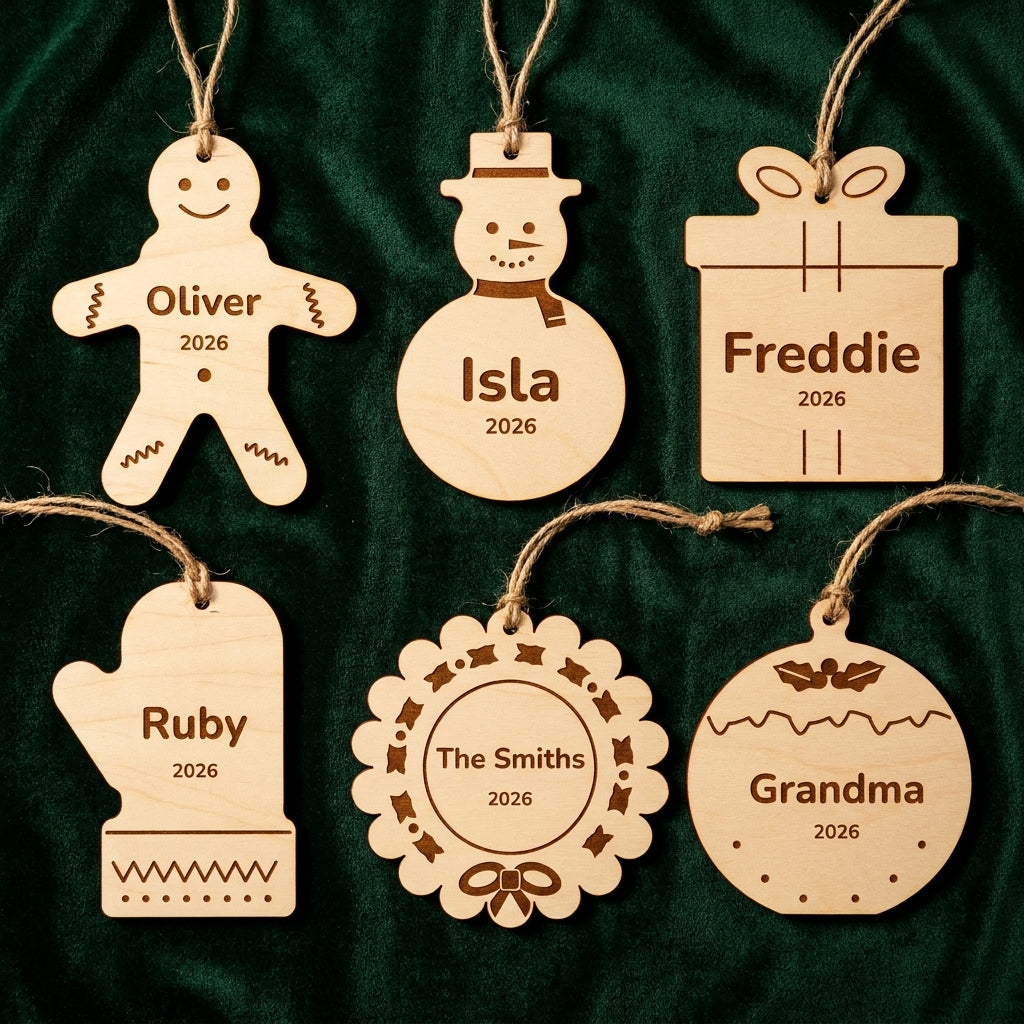 Gingerbread man, snowman, gift box, mitten, wreath and Christmas pudding ornaments