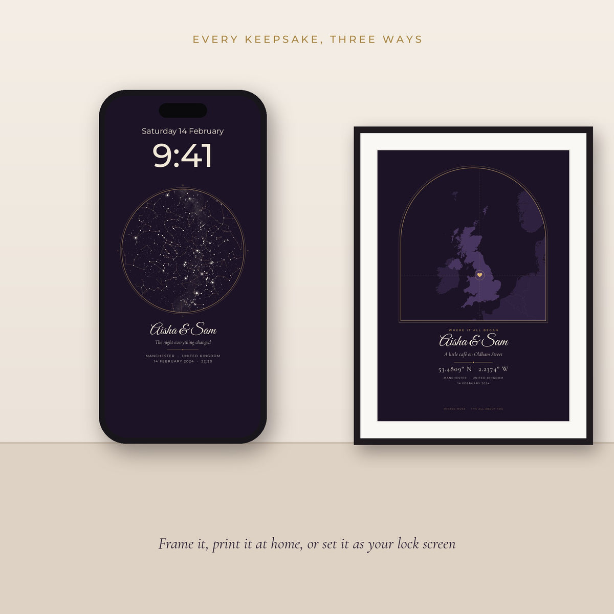 Phone lock screen wallpaper and framed print of a personalised location map