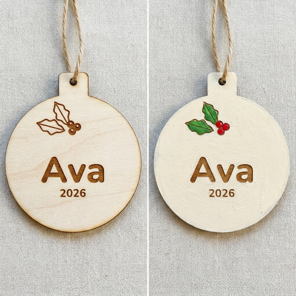 Engraved wooden bauble before and after painting