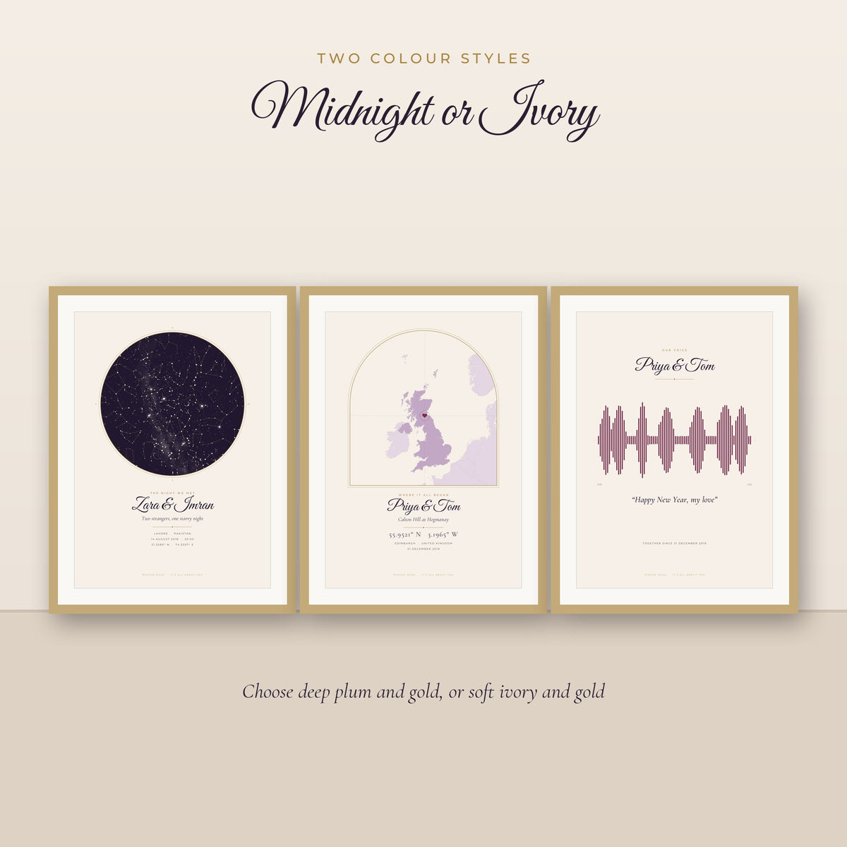 Ivory colour style: star map, location map and soundwave prints in gold frames