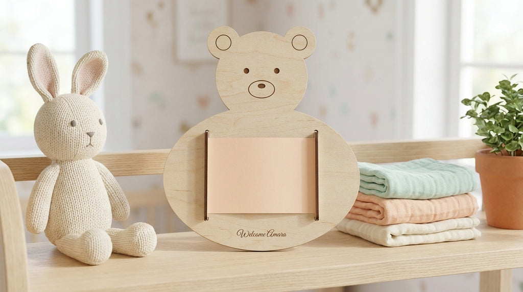 New baby teddy bear wooden money holder, personalised with a name
