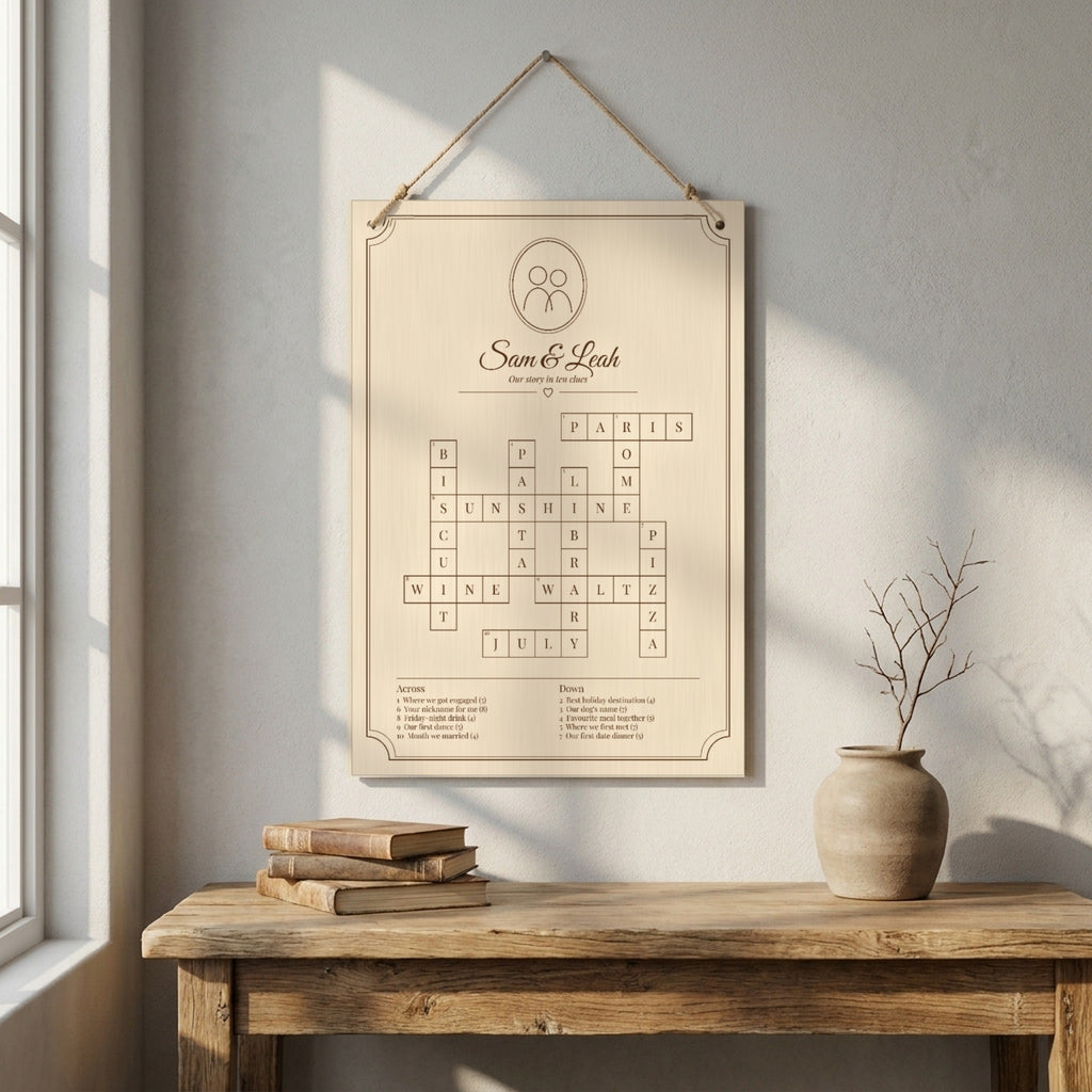 Engraved birch plywood crossword board hanging above a console table