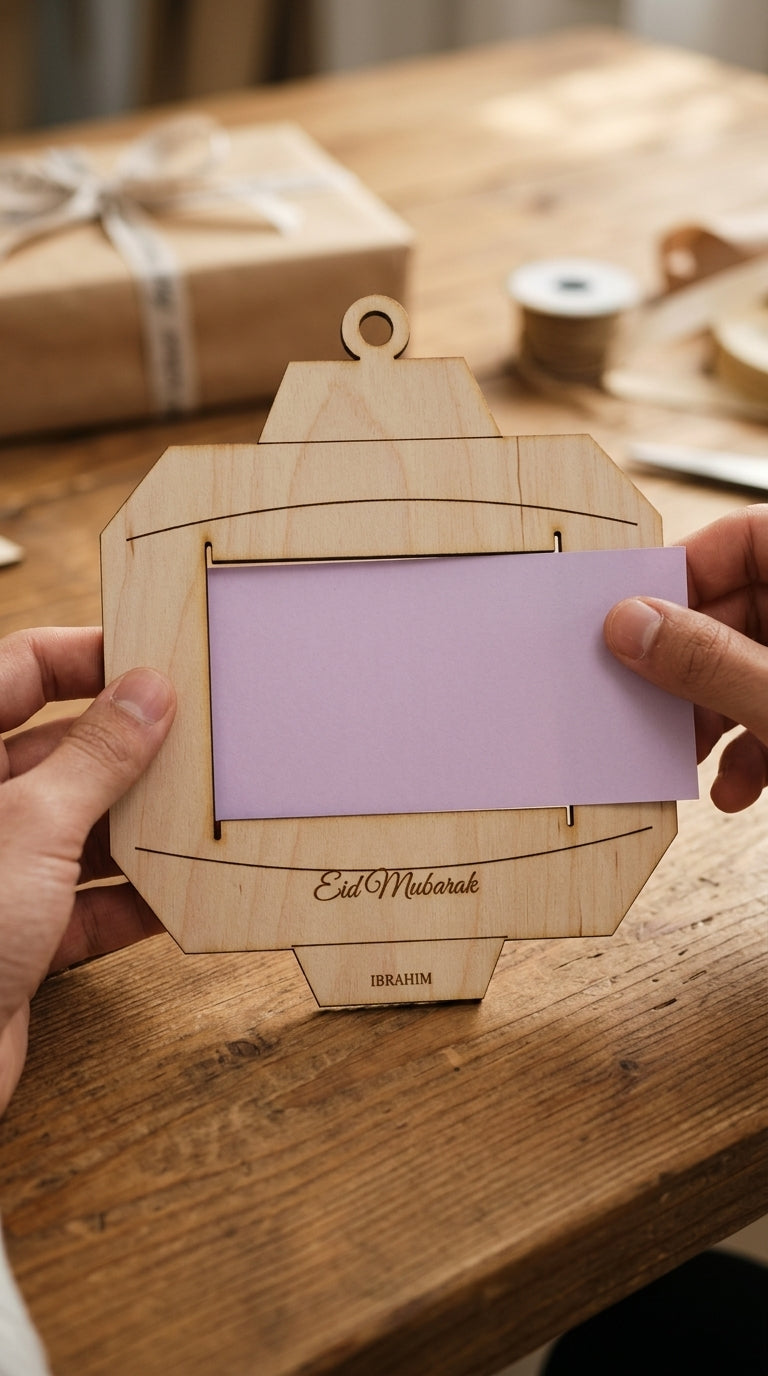 Sliding a note through the slots of an Eid lantern money holder