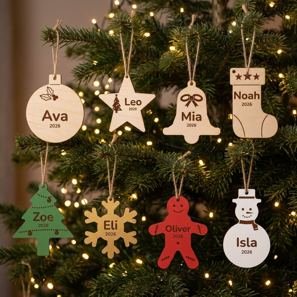 Personalised wooden ornaments hanging on a Christmas tree