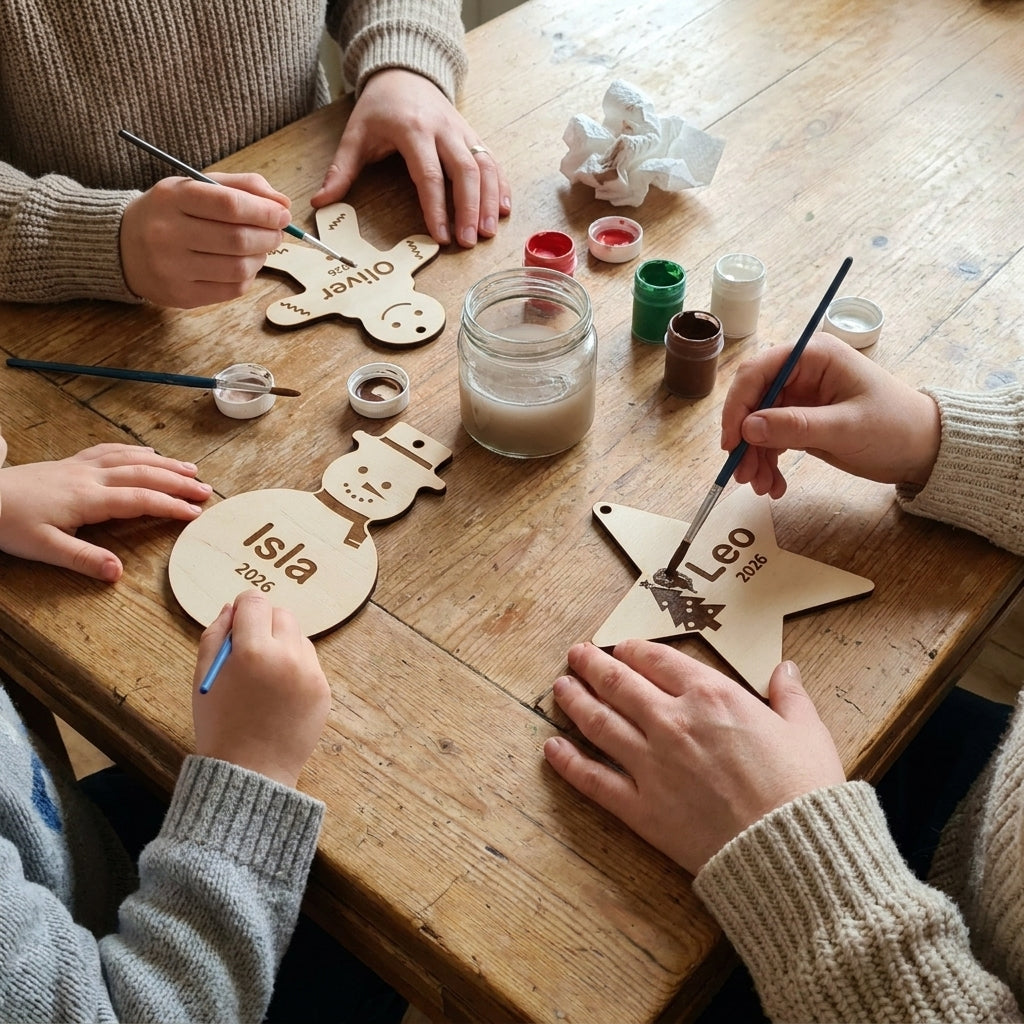 Family painting personalised wooden ornaments at the kitchen table
