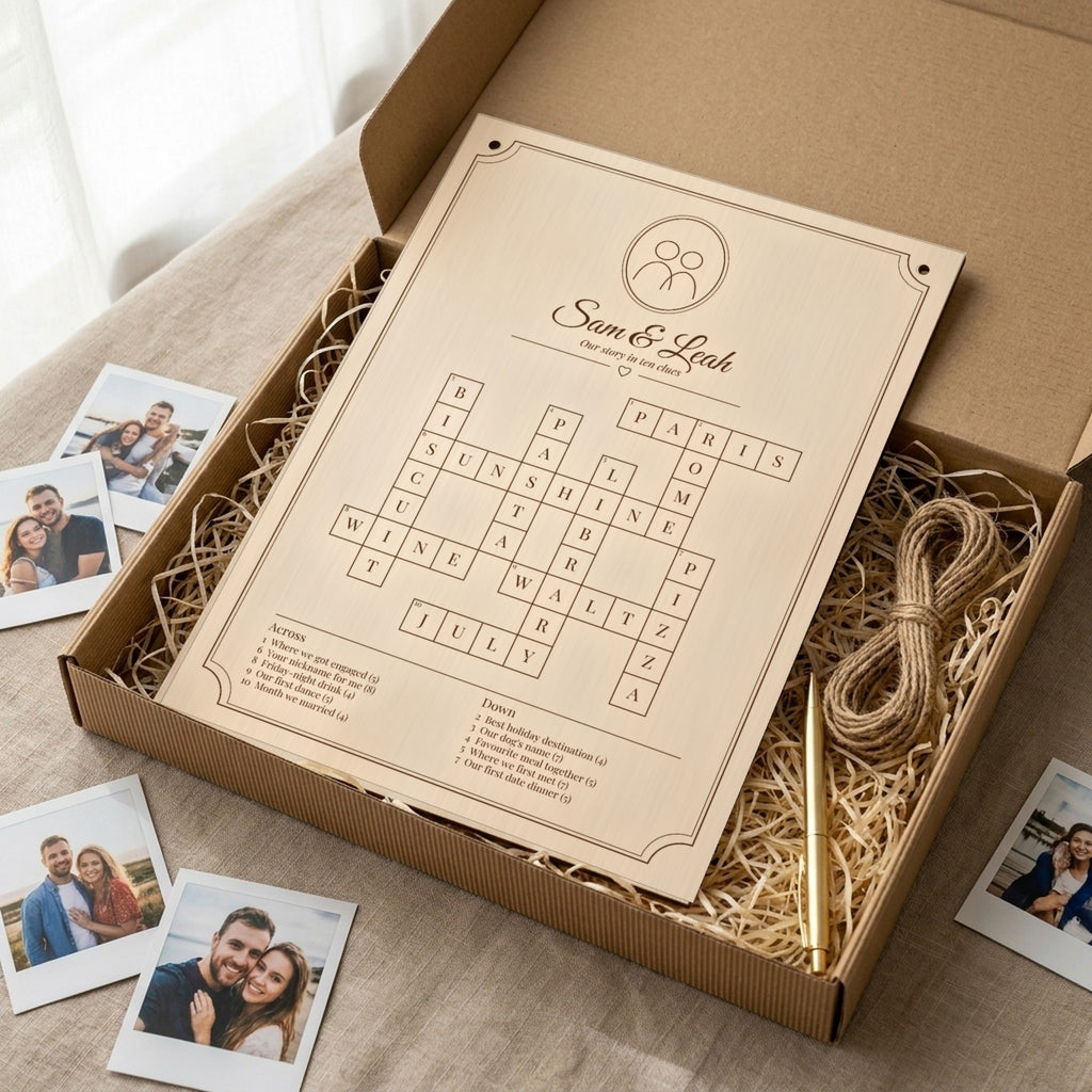 Personalised crossword board in a kraft gift box with jute twine