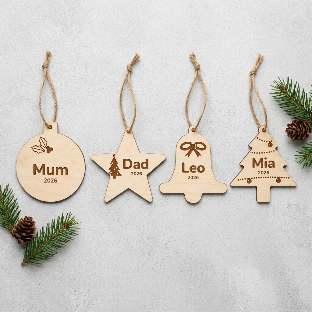 Set of four personalised wooden ornaments for the family