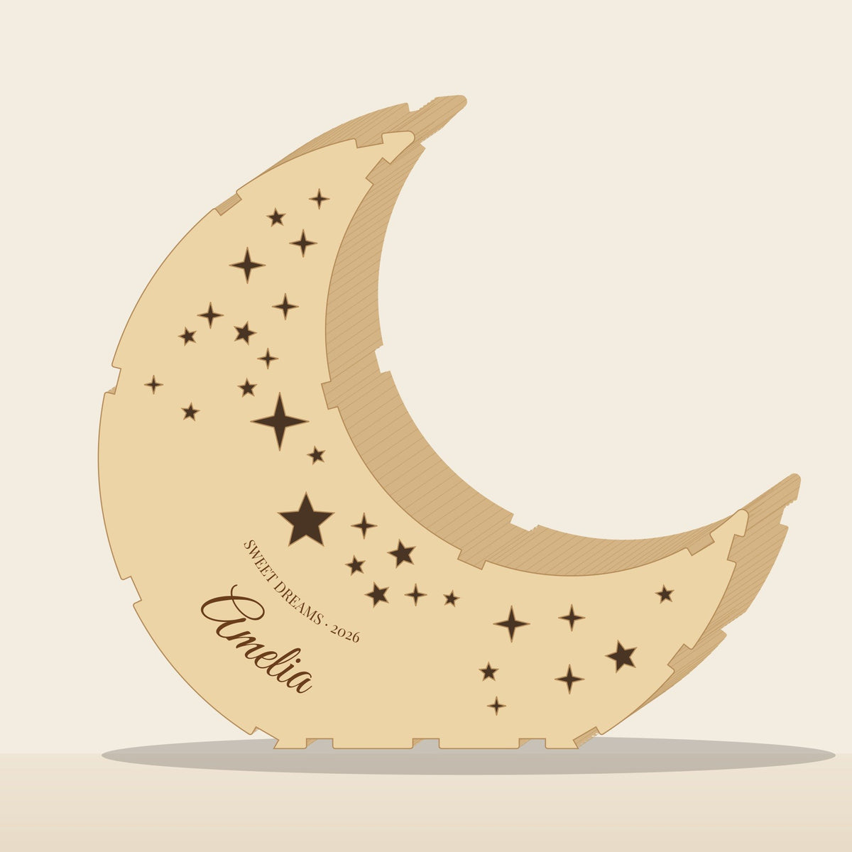 Moon lantern in daylight showing the engraved name and star cut-outs (render)
