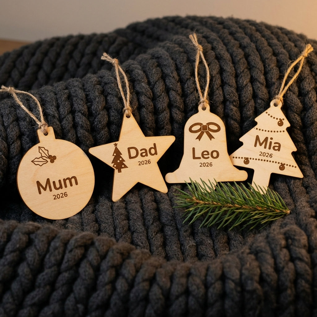 Mum, Dad, Leo and Mia engraved wooden ornaments