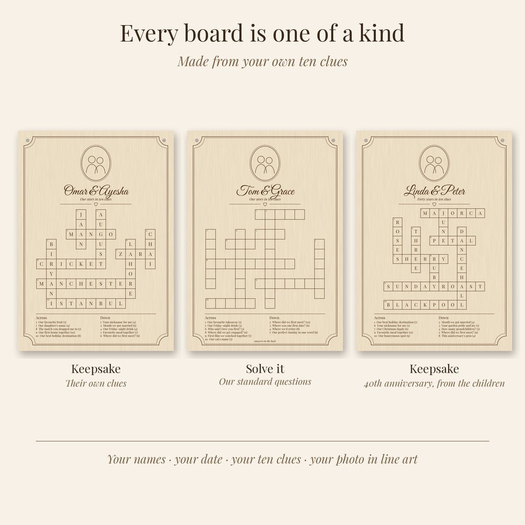 Three different personalised crossword boards, each made from the couple's own clues
