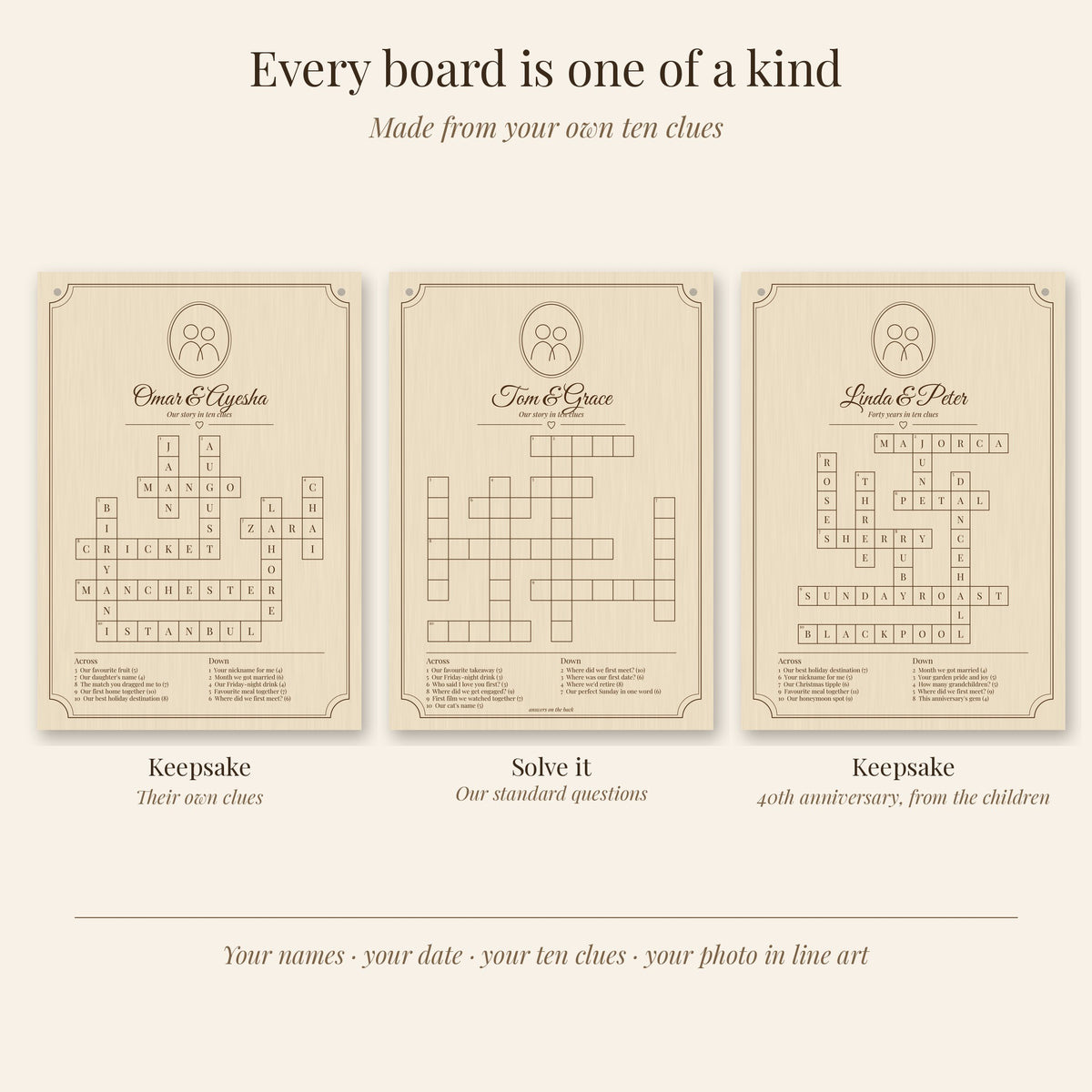Three different personalised crossword boards, each made from the couple's own clues