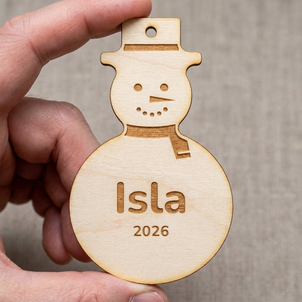 Hand holding a personalised wooden snowman ornament to show its size