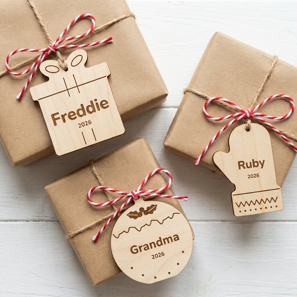 Personalised wooden ornaments used as gift tags