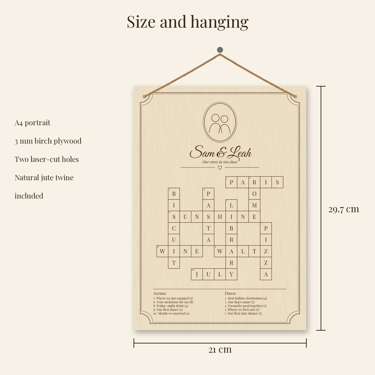 A4 board, 21 x 29.7 cm, 3 mm birch plywood with two holes and jute twine