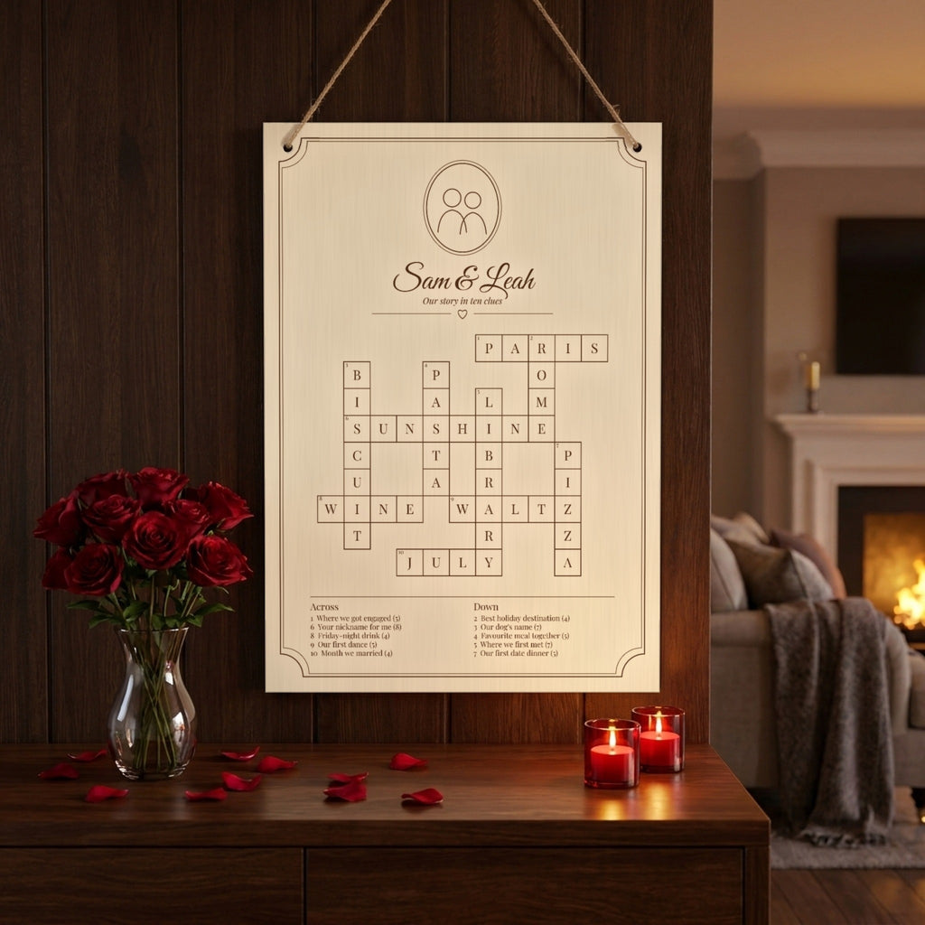 Personalised crossword as a Valentine's gift with red roses