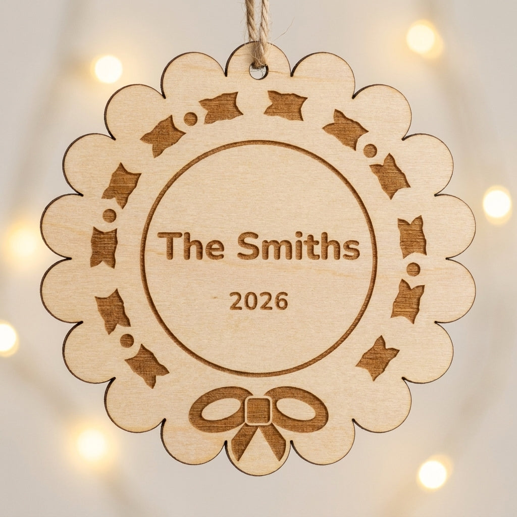 Personalised wooden wreath ornament with family name