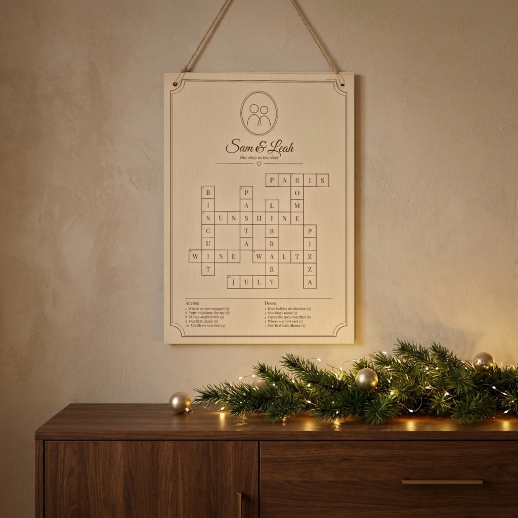 Personalised crossword as a Christmas gift above a garland