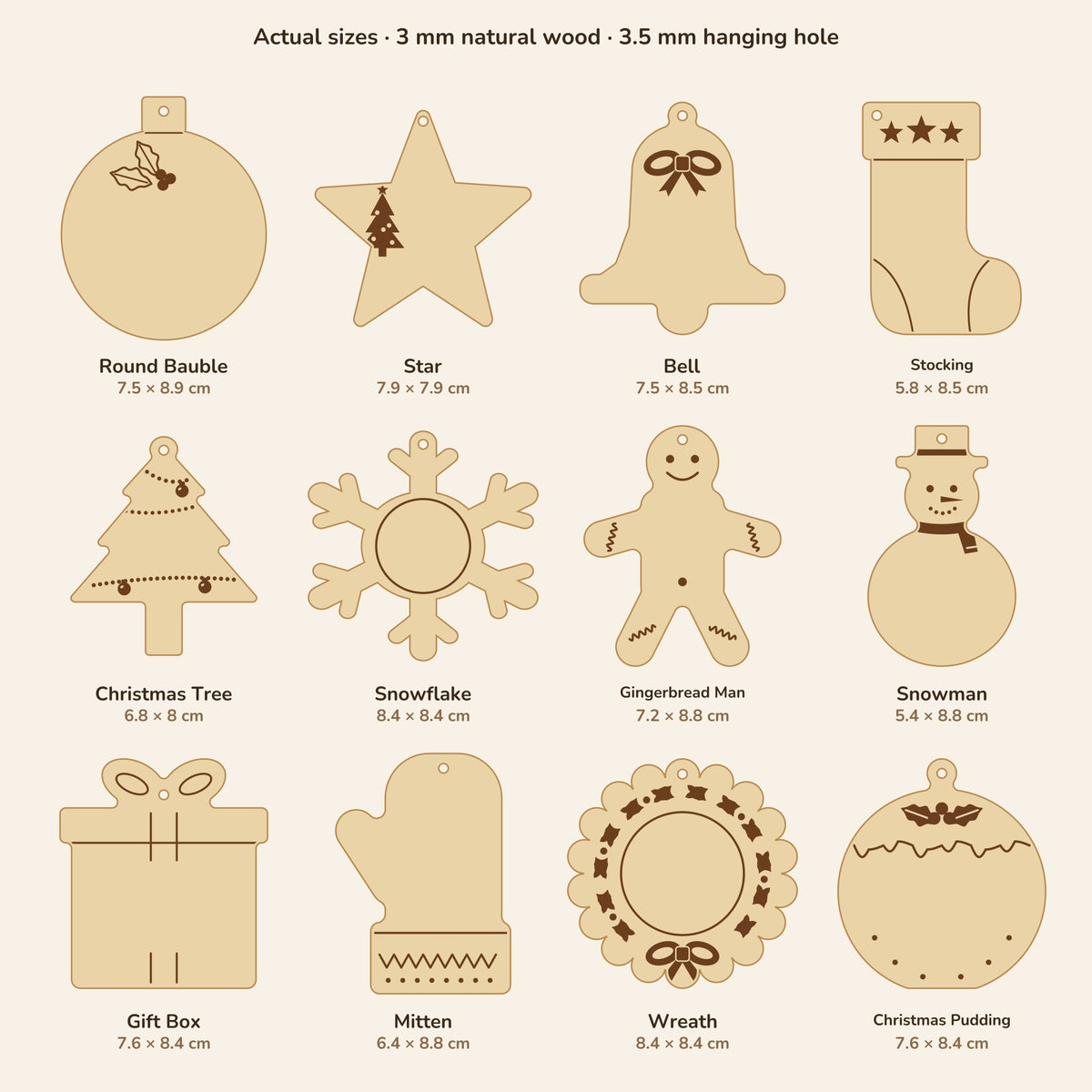 Size guide for the 12 wooden ornament designs