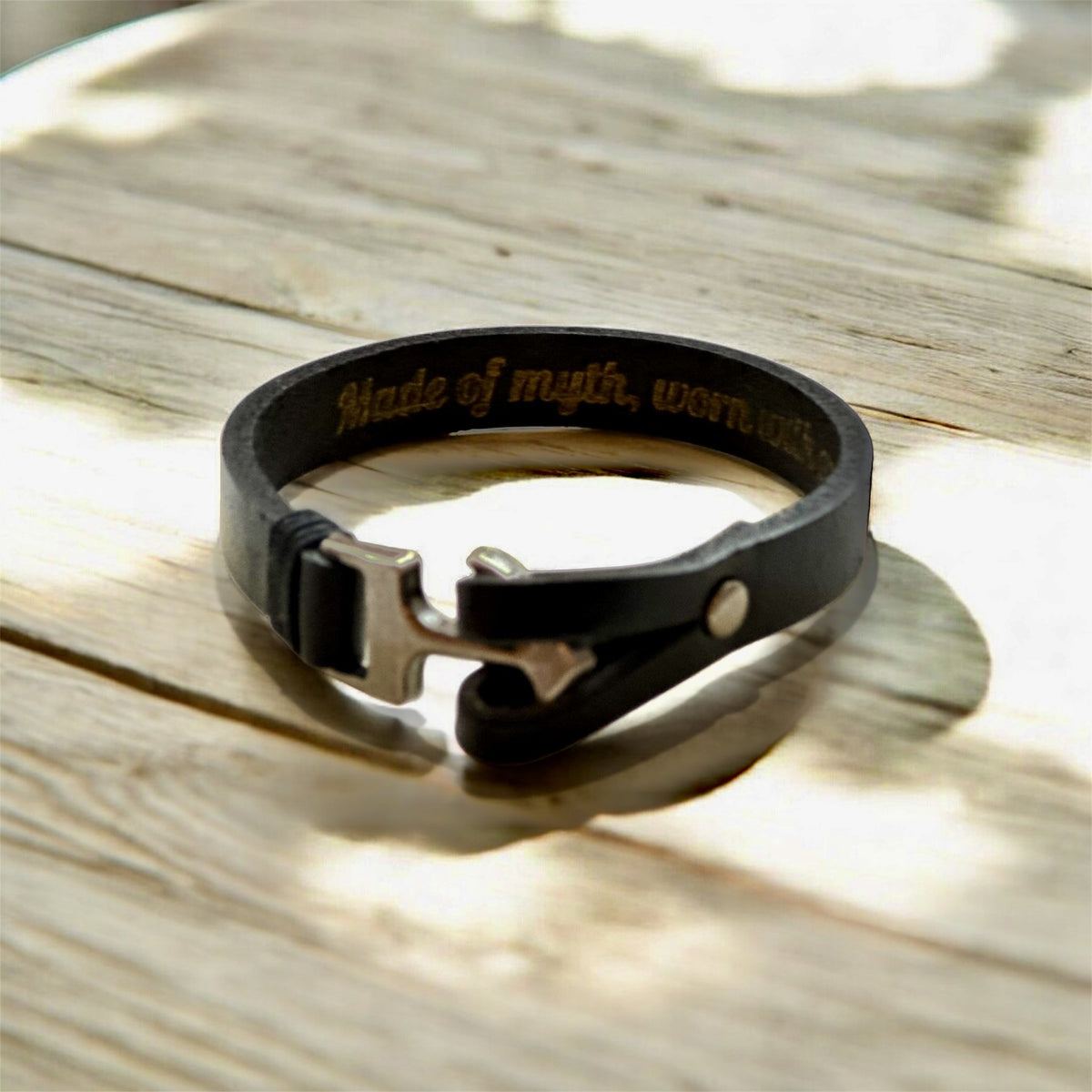 Men's black anchor bracelet engraved on the inside