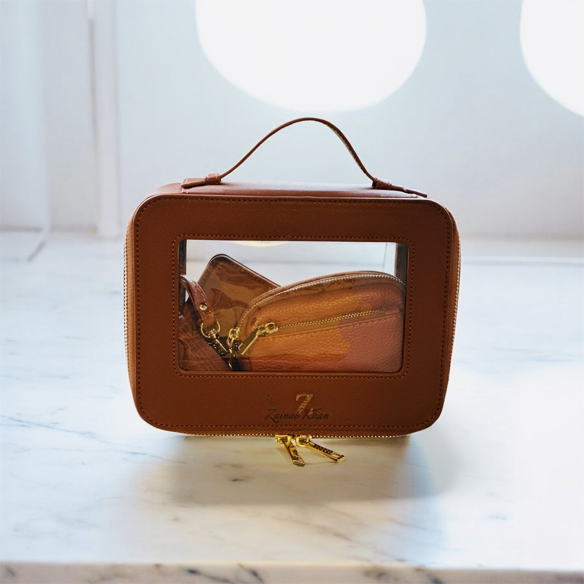 Brown personalised clear make-up bag