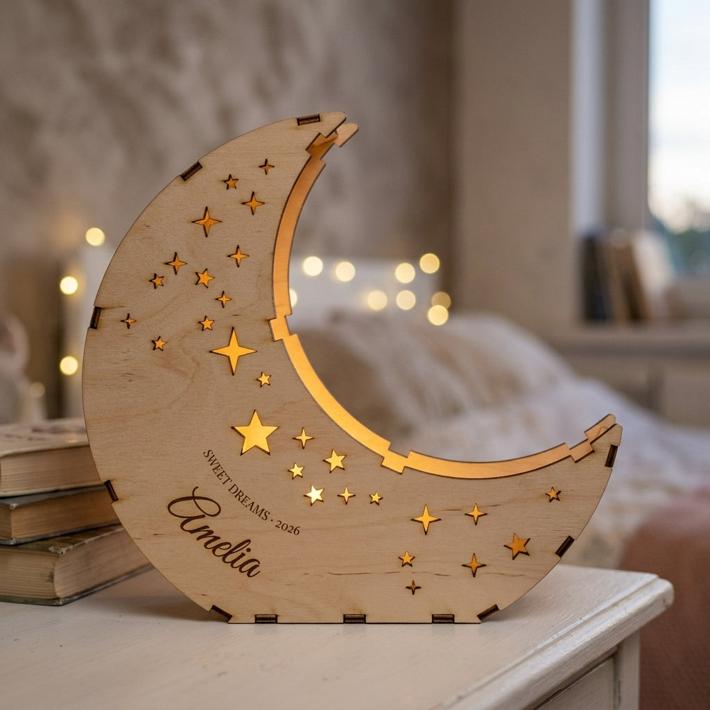Personalised wooden moon lantern engraved Amelia glowing on a bedside table (illustration)