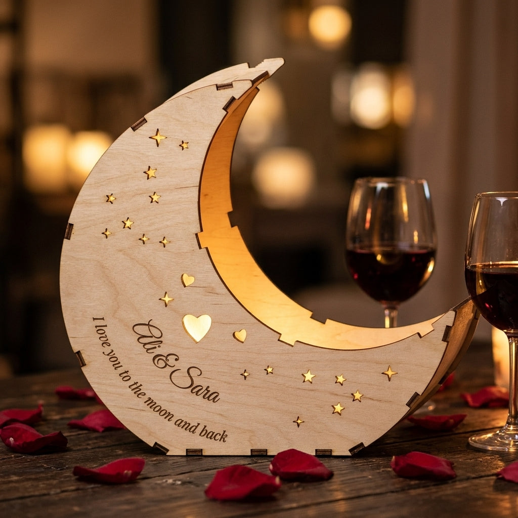 To the moon and back lantern with names and glowing hearts beside rose petals (illustration)