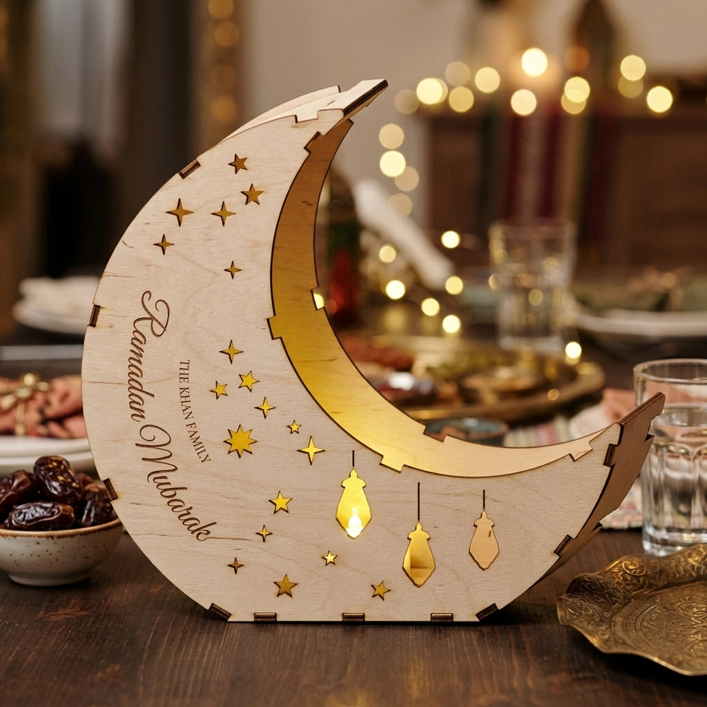 Ramadan Mubarak moon lantern with glowing lantern cut-outs on an iftar table (illustration)