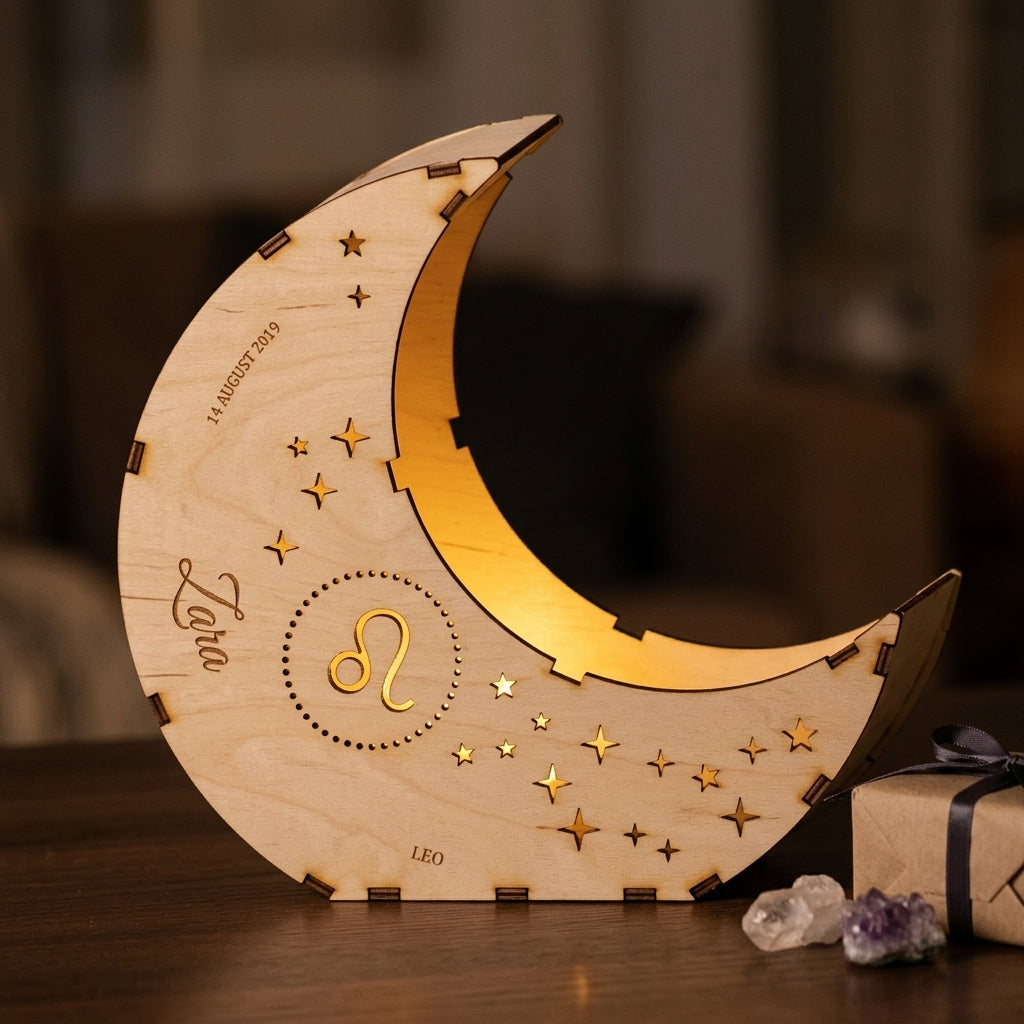 Star sign moon lantern with a glowing Leo symbol next to a birthday present (illustration)