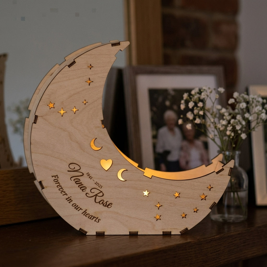 In loving memory moon lantern with a glowing heart on a mantelpiece (illustration)
