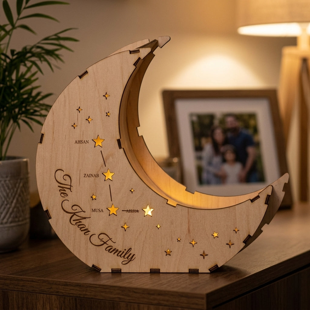 Family constellation moon lantern with glowing stars and names on a sideboard (illustration)