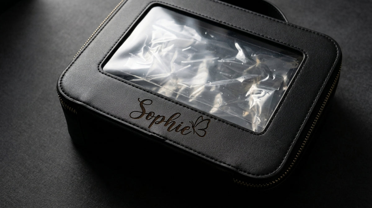 Black clear make-up bag engraved with Sophie in script and a butterfly below the window