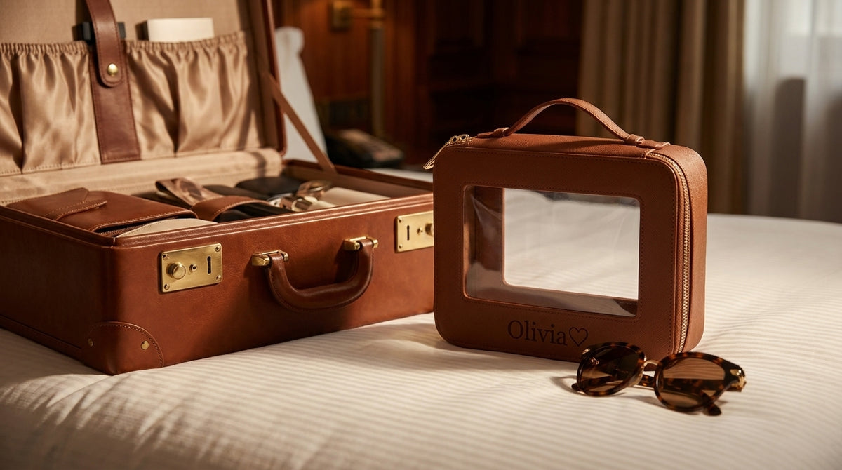 Tan clear make-up bag engraved with Olivia and a heart, next to a suitcase