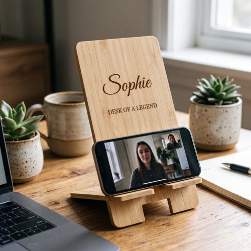 Bamboo phone stand engraved Sophie Desk of a Legend holding a phone on a video call
