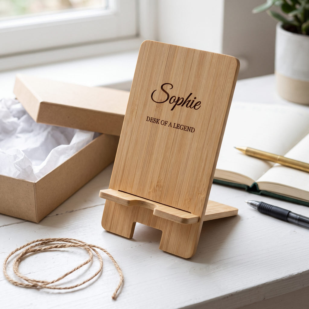Engraved bamboo phone stand on a white desk with a gift box
