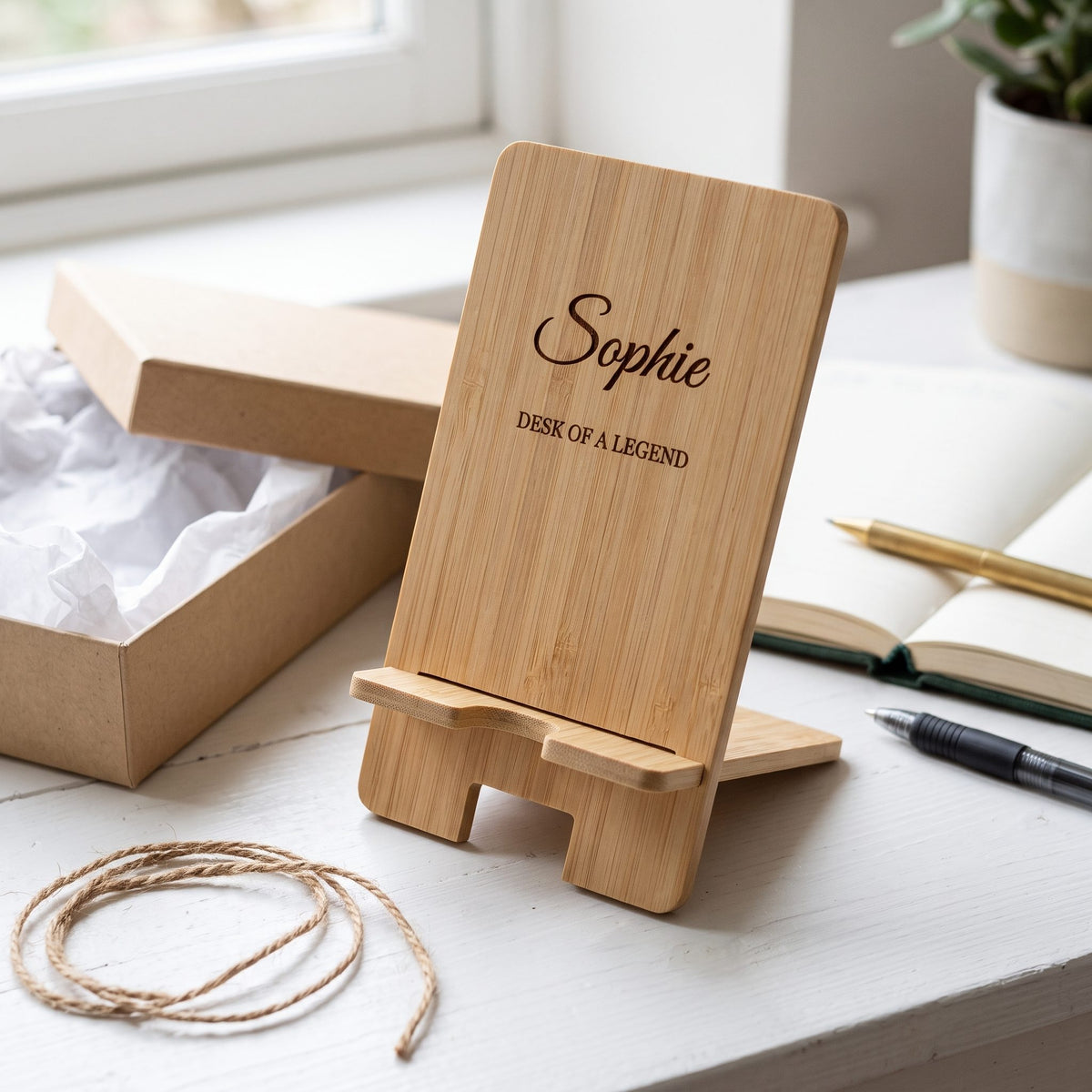 Engraved bamboo phone stand on a white desk with a gift box