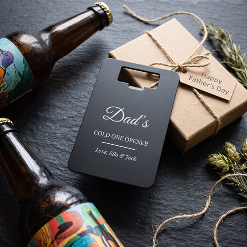 Black card bottle opener engraved Dad's Cold One Opener with craft beers and a Father's Day gift box