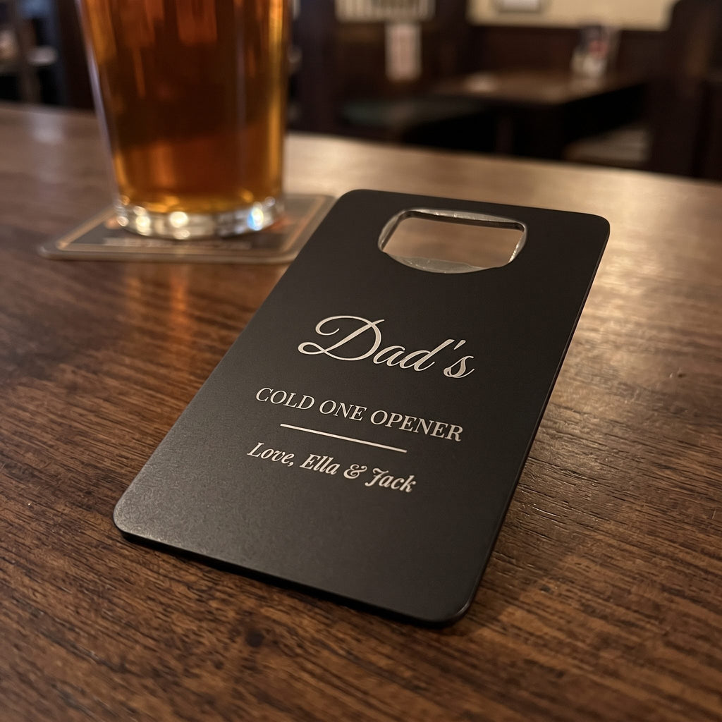 Engraved bottle opener card on a pub table
